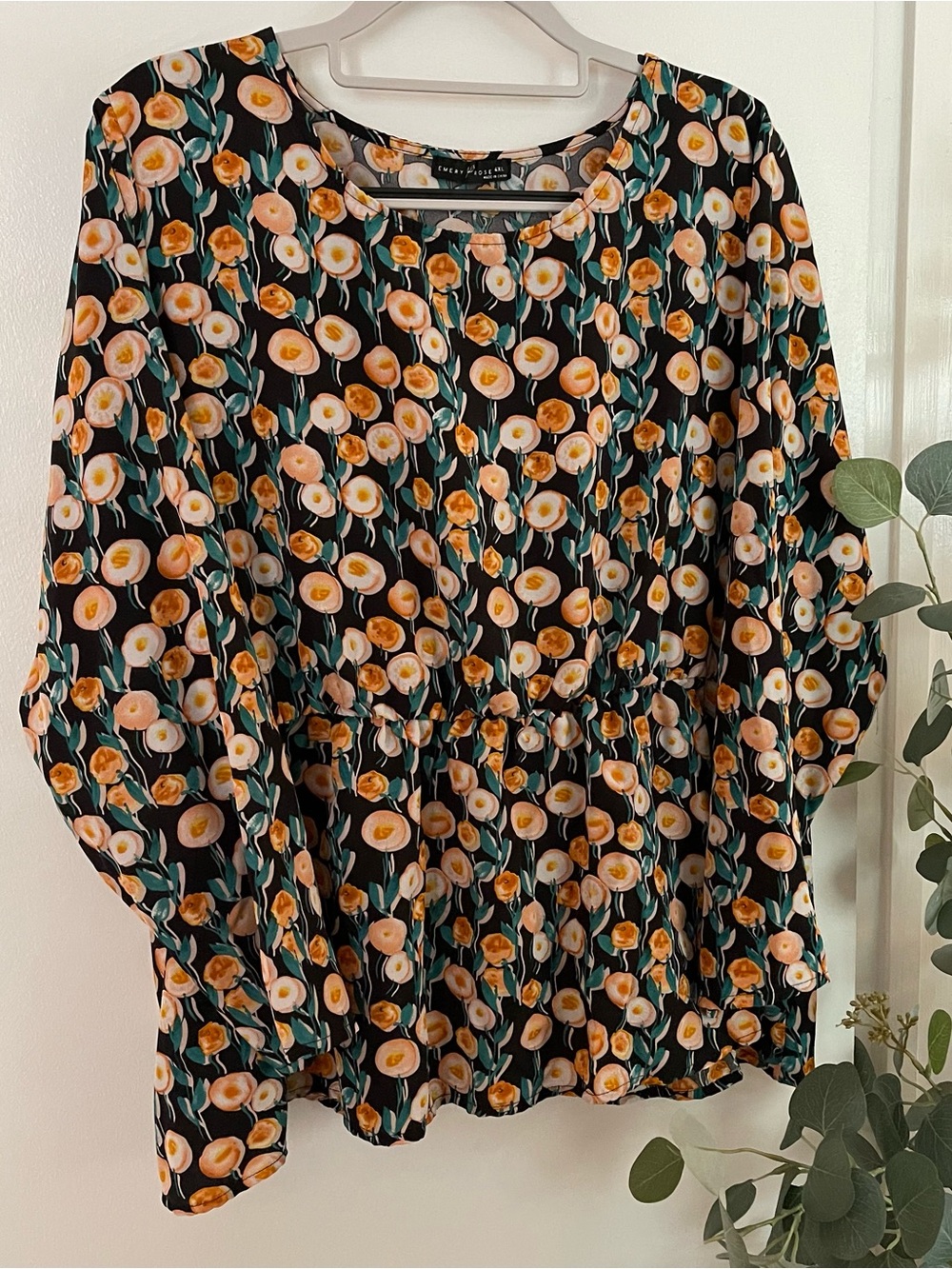 Floral Peplum Blouse in Black with Peach Blooms
